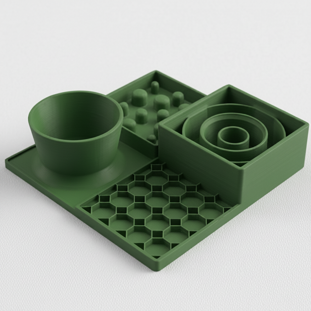 A set of olive green slow feeder set on a light gray background, featuring a bowl, a tray with small raised spheres, a spiral insert, and a hexagonal grid mat.