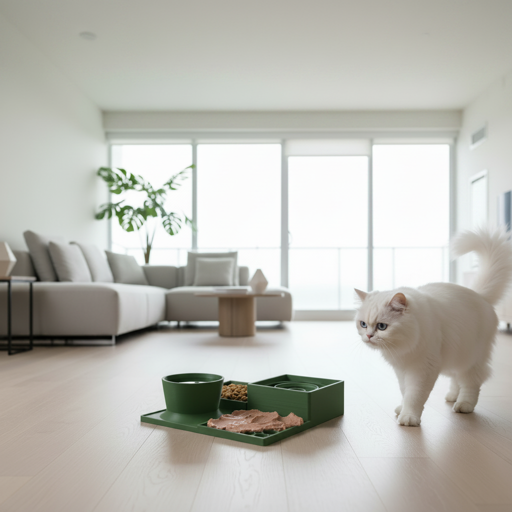 A white cat stands on a light wood floor in a bright, modern living room, looking toward a green pet feeding tray with a bowl and food.