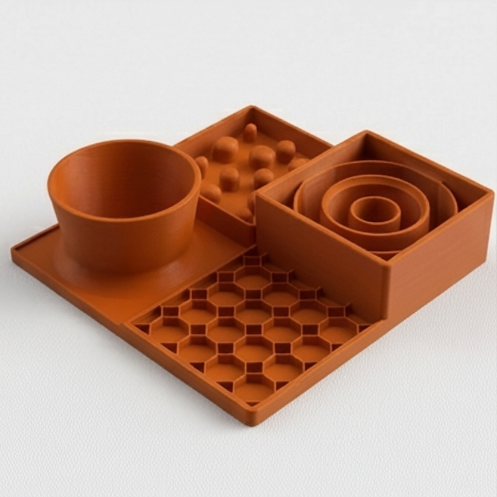 An orange slow feeder set on a light gray background, featuring a bowl, a tray with small raised spheres, a spiral insert, and a hexagonal grid mat.