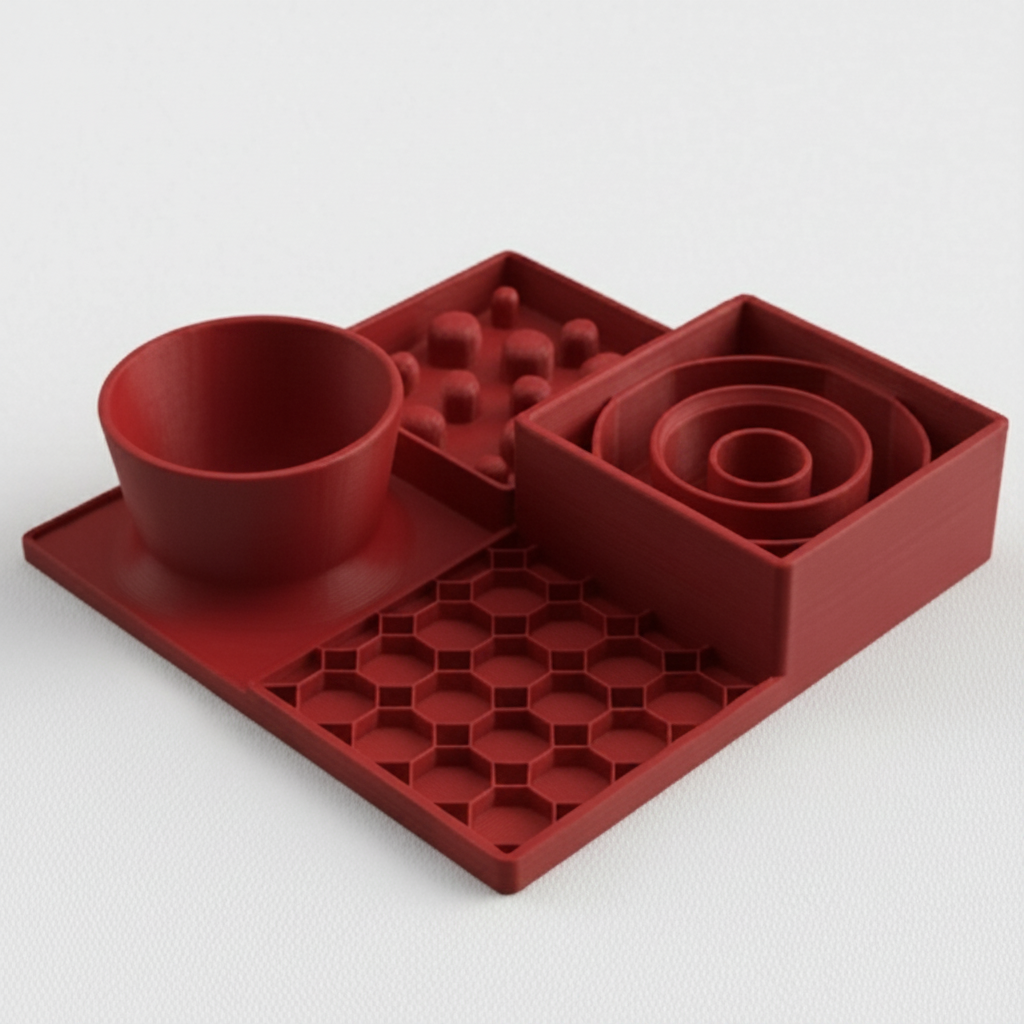A red slow feeder set on a light gray background, featuring a bowl, a tray with small raised spheres, a spiral insert, and a hexagonal grid mat.