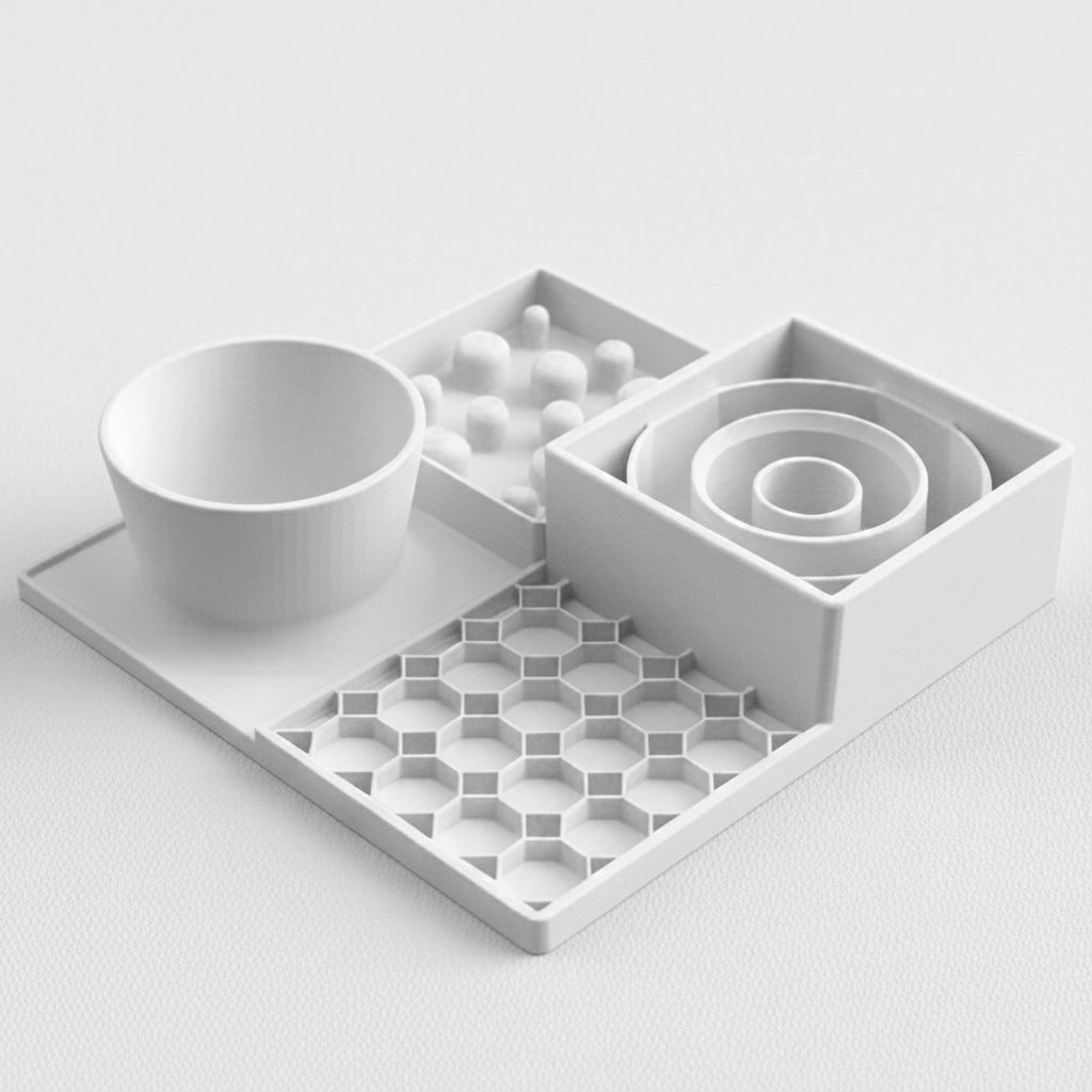A white slow feeder set on a light gray background, featuring a bowl, a tray with small raised spheres, a spiral insert, and a hexagonal grid mat.