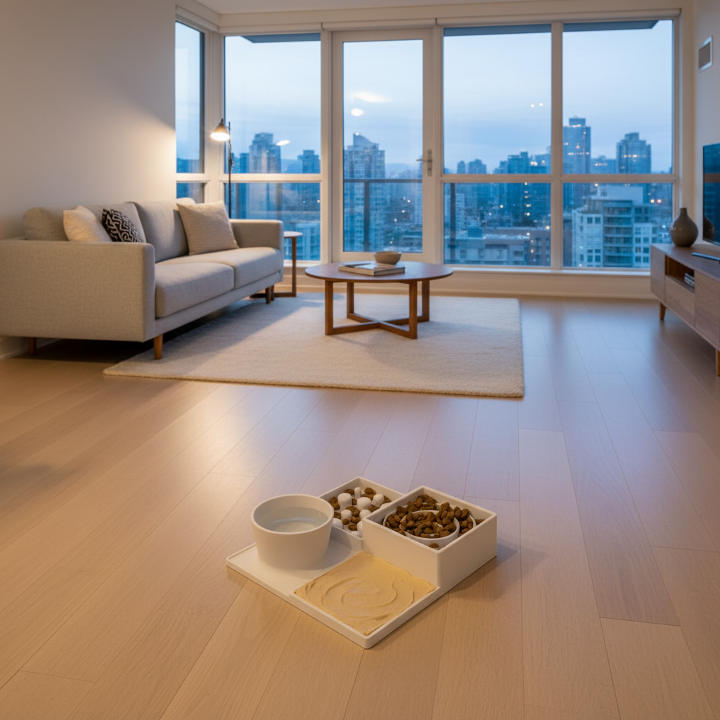A modern living room with light wood flooring, featuring a beige sofa, a low wooden coffee table on a cream rug, and a slow feeder set.