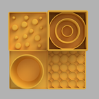 A yellow slow feeder set on a light gray background, featuring a bowl, a tray with small raised spheres, a spiral insert, and a hexagonal grid mat.