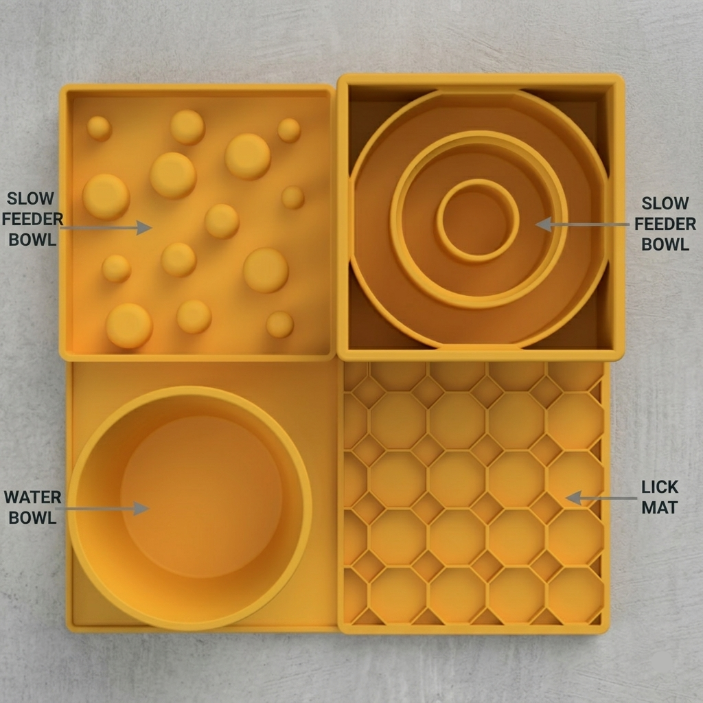 A yellow silicone lick mat and slow feeder set arranged in a 2x2 grid on a light gray textured background, with callout labels pointing to the slow feeder bowl, water bowl, and lick mat.