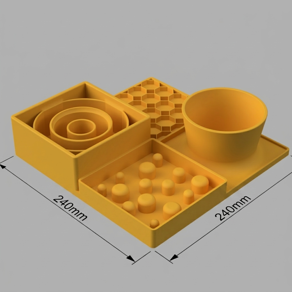 A yellow slow feeder set on a light gray background, featuring a bowl, a tray with small raised spheres, a spiral insert, and a hexagonal grid mat.