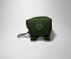Green fabric pouch with a keychain on a white background