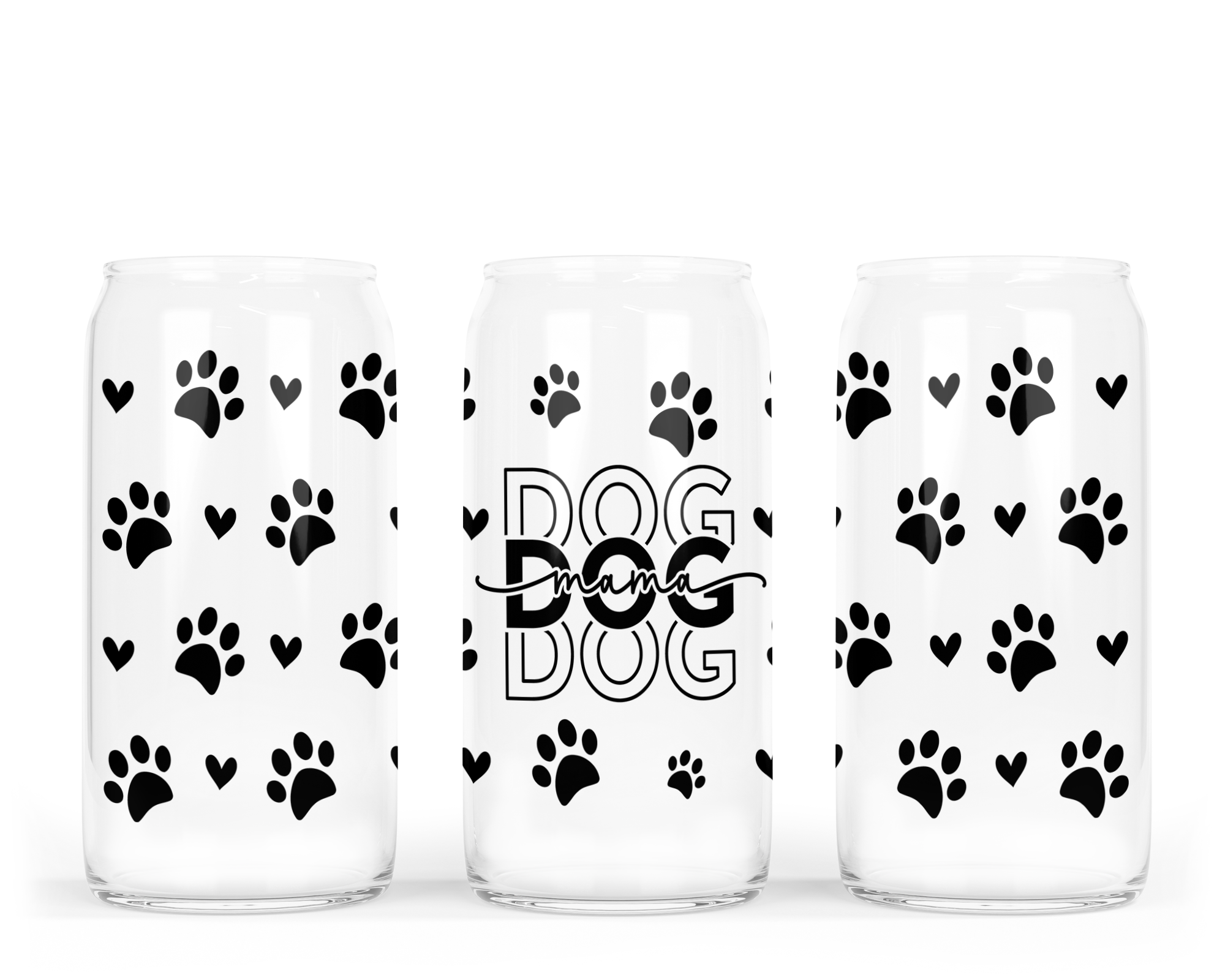 Three glass can with black paw prints and 'DOG' text on a white background