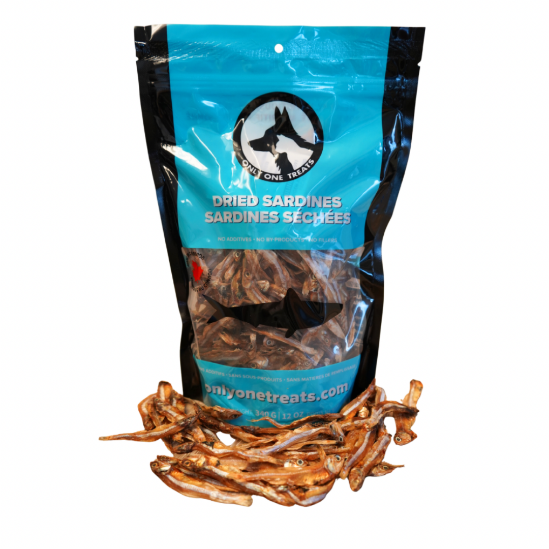 Bag of dried sardines with a visible brand logo on a white background