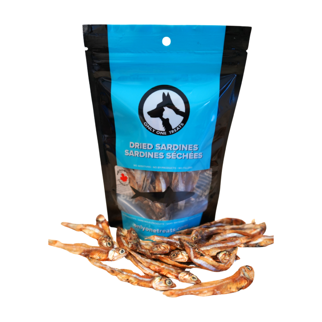 Bag of dried sardines with a blue label on a white background