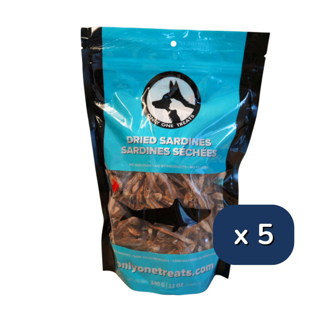 Packaging of dried sardines for dogs with a blue label and black text, featuring the brand 'onlyonetreats'.
