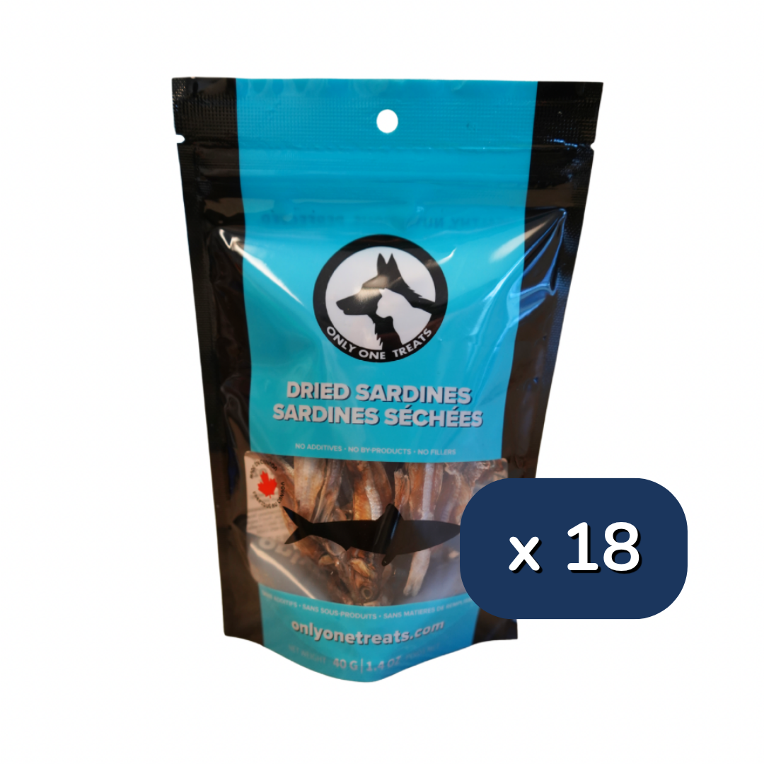 Package of dried sardines for dogs with a blue label and black border, featuring the brand 'Only One Treats'.