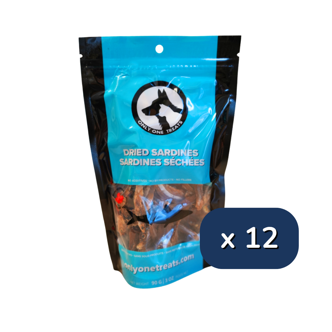 Pack of dried sardines with a blue label and visible brand logo on a white background
