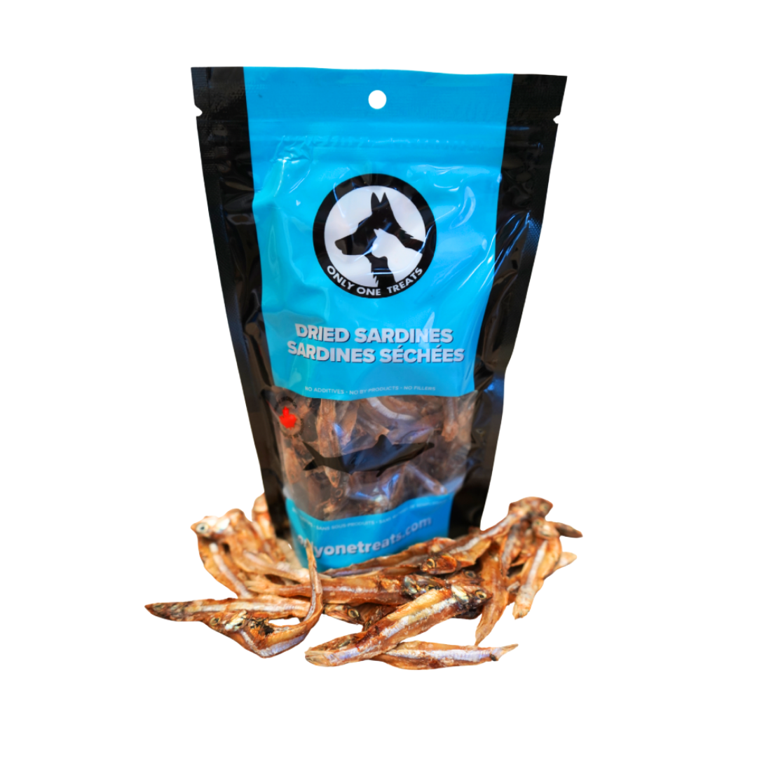 Package of dried sardines with a blue label on a white background