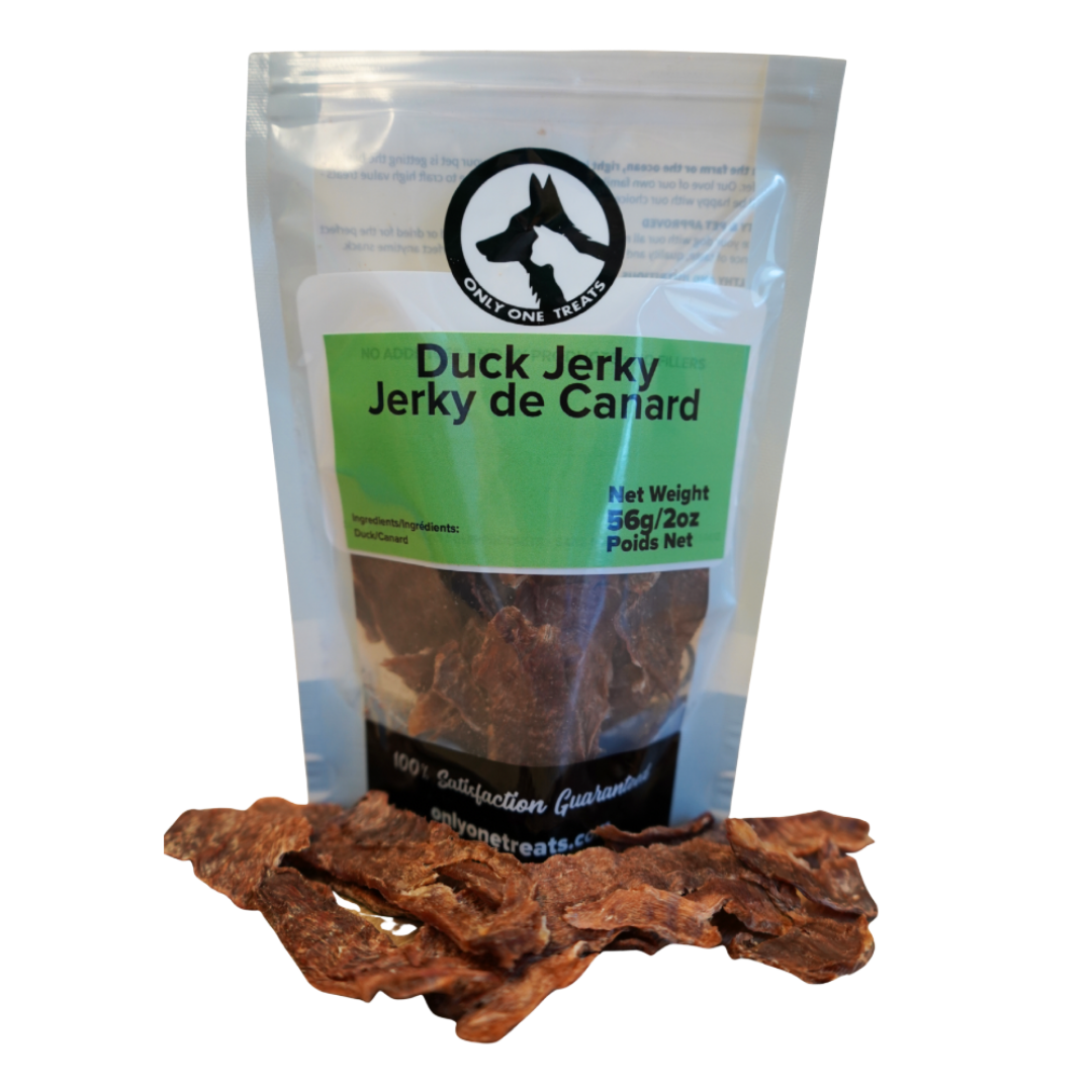 Package of Duck Jerky with visible jerky pieces on a white background