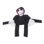 Pet halloween costume a black hooded character with a white face on a white background