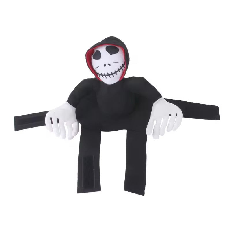 Pet halloween costume a black hooded character with a white face on a white background