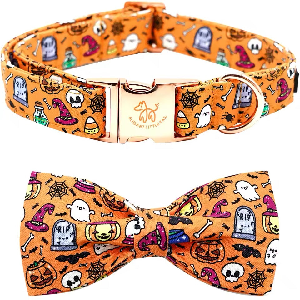 Halloween-themed dog collar and bow tie set on a white background