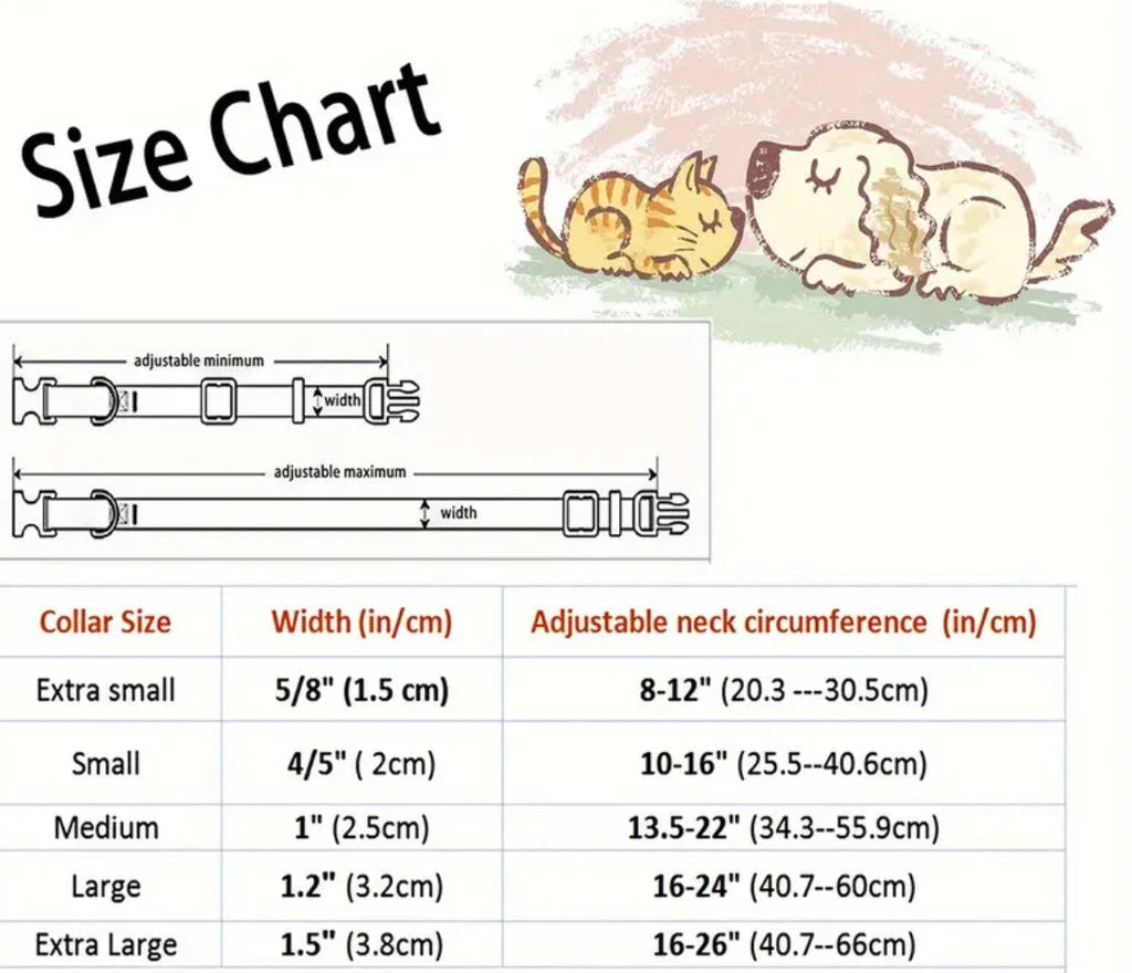 Cat collar size chart with illustrations of a cat and a dog, showing adjustable neck circumference for different collar sizes.