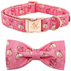 Pink dog collar and bow tie set with pumpkin pattern on a white background