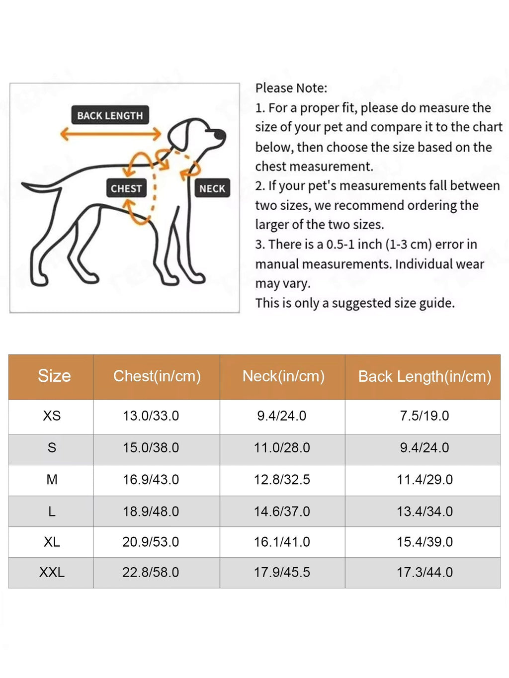 Dog size chart with measurements for chest, neck, and back length on a white background.