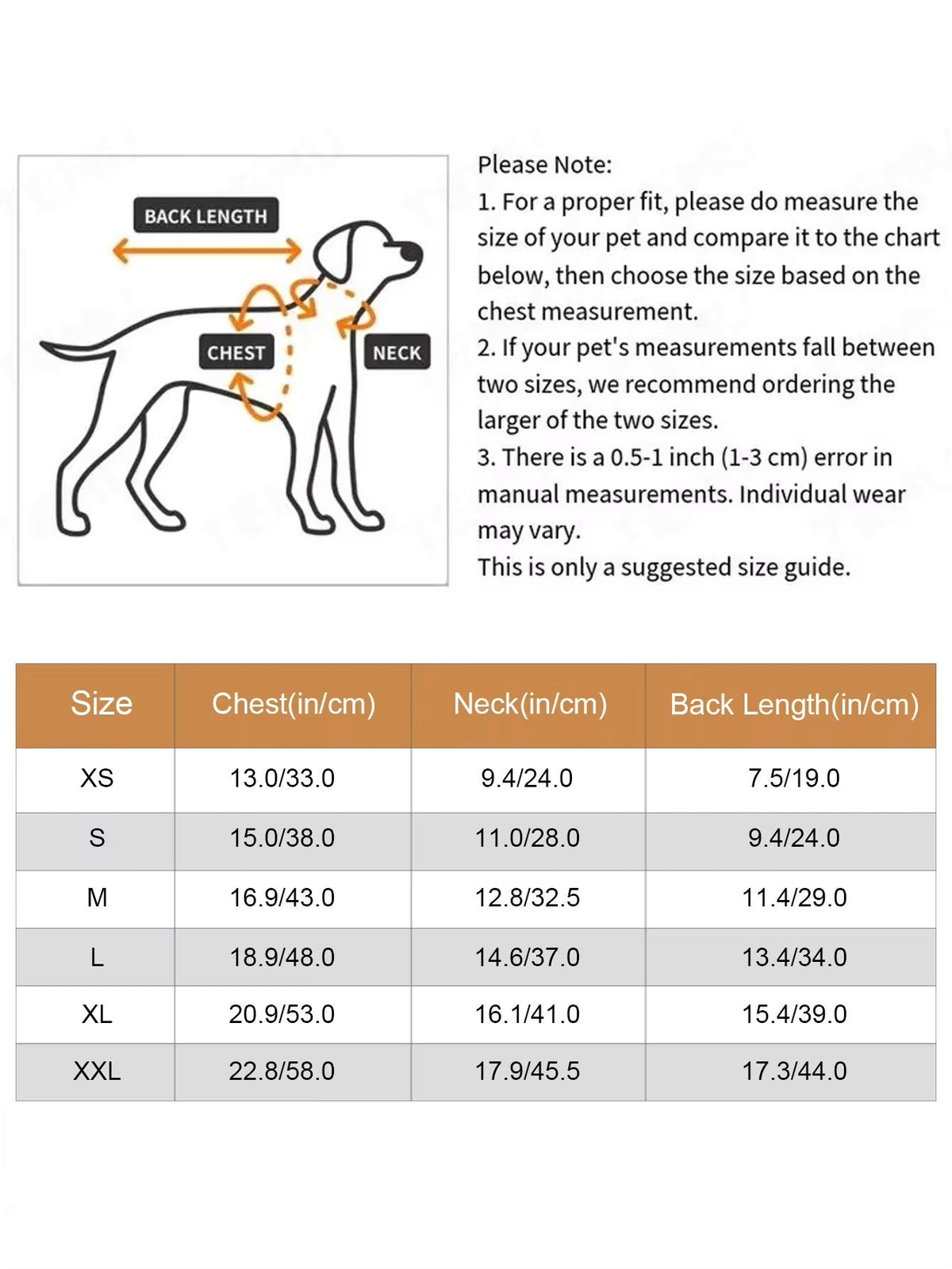 Dog size chart with measurements for chest, neck, and back length on a white background.