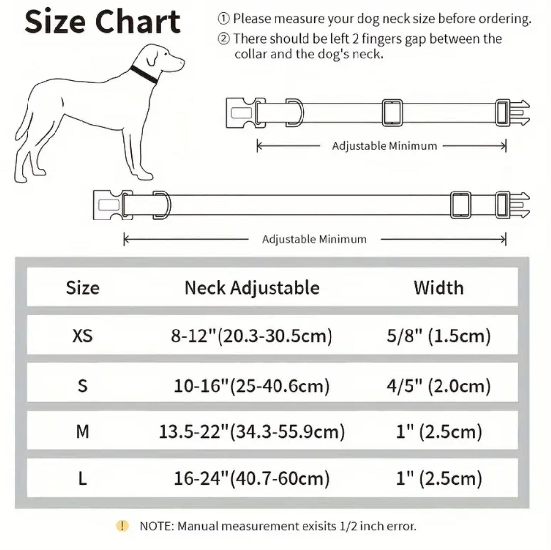 Dog collar size chart with measurements and illustrations