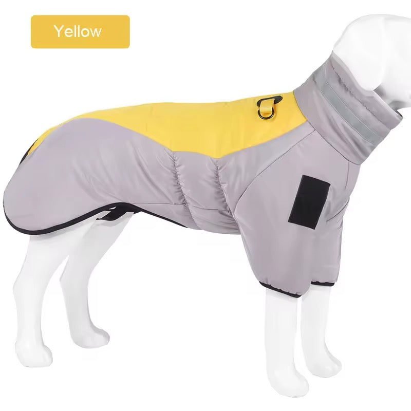 Gray and yellow dog coat on a mannequin with 'Yellow' label.