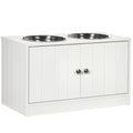 White pet feeding station with two stainless steel bowls on a white background