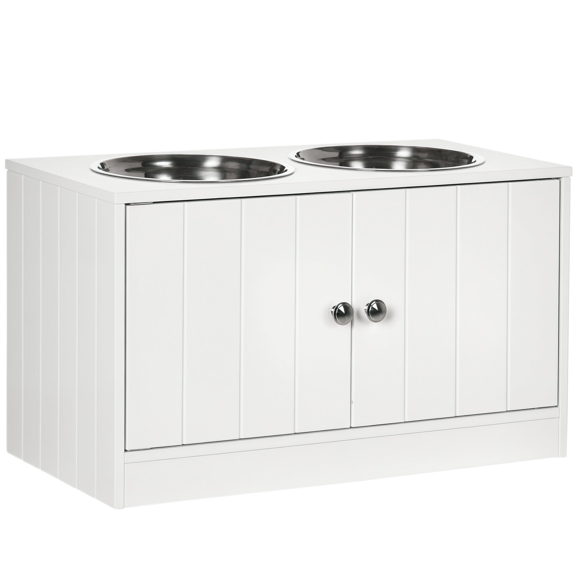 White pet feeding station with two stainless steel bowls on a white background
