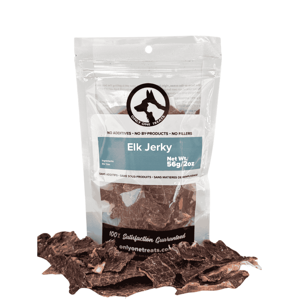 Package of elk jerky with visible product on a white background