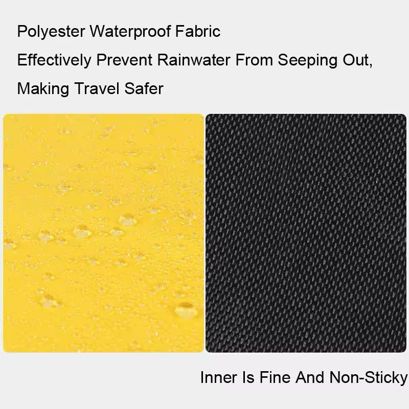 Two samples of polyester waterproof fabric, one yellow and one black, with text describing their properties.