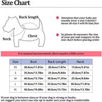 Dog size chart with measurements for bust, back length, and neck.