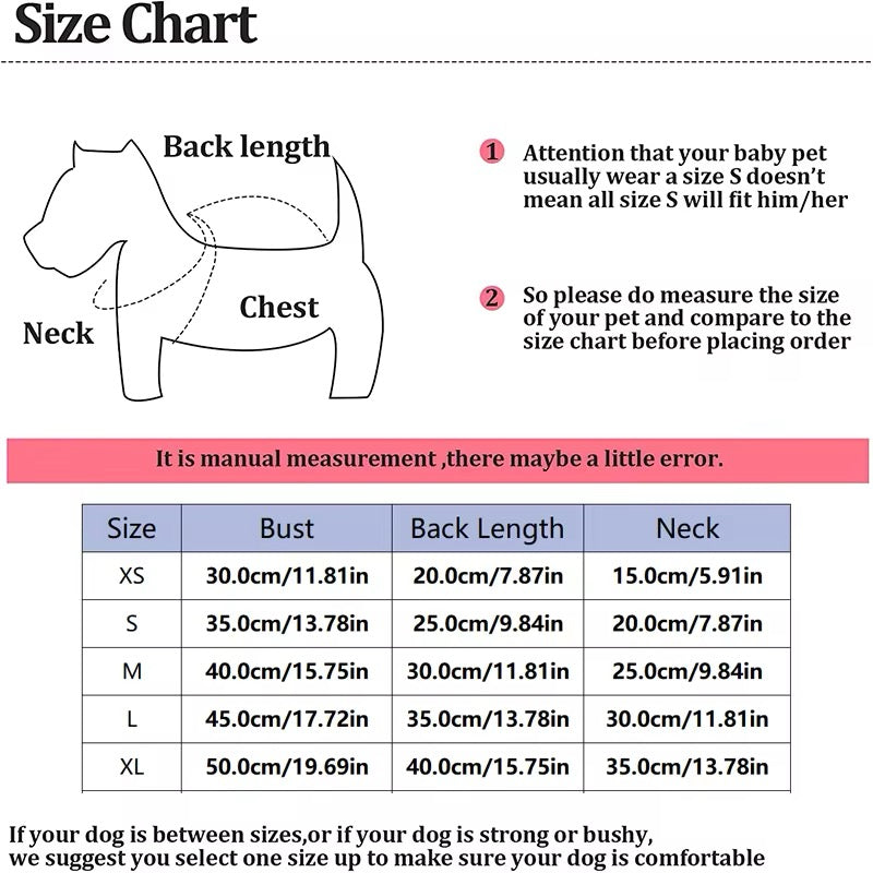 Dog size chart with measurements for bust, back length, and neck.
