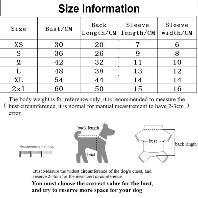 Size chart for dog clothing with measurements in centimeters
