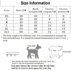 Size chart for dog clothing with measurements in centimeters