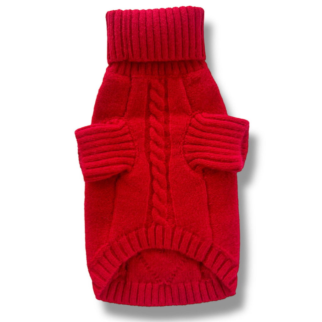 Red knitted dog sweater on a white background