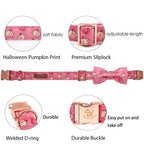 Pink dog collar with Halloween pumpkin print and various features highlighted.