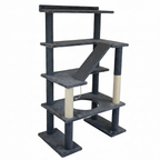Cat tree with multiple levels and a scratching post on a white background
