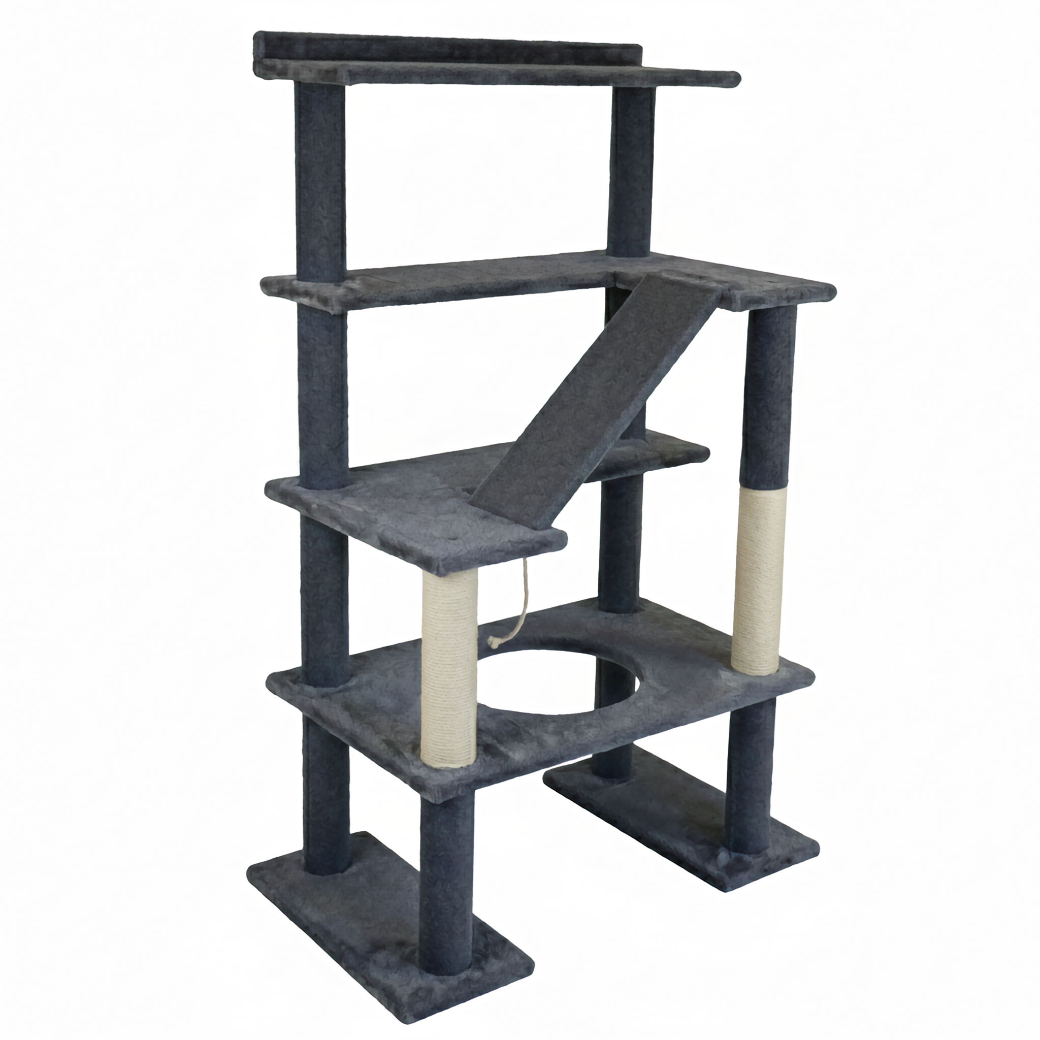 Cat tree with multiple levels and a scratching post on a white background