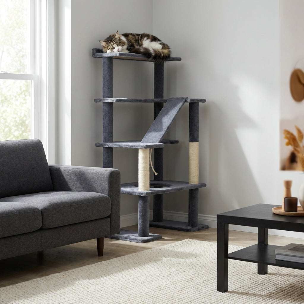 Cat tree with a cat on top in a living room setting