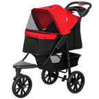 Red and black pet stroller on a white background
