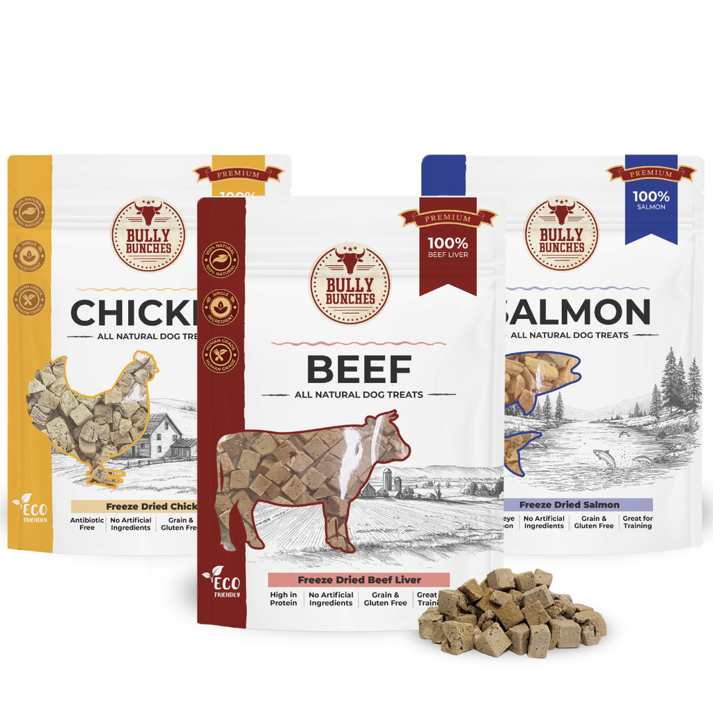Three stand-up pouches of Bully Bunches freeze dried dog treats are shown on a white background, with a pile of the cube-shaped treats in front. The packages are labeled Chick, Beef, and Salmon, with the central Beef package most prominent.