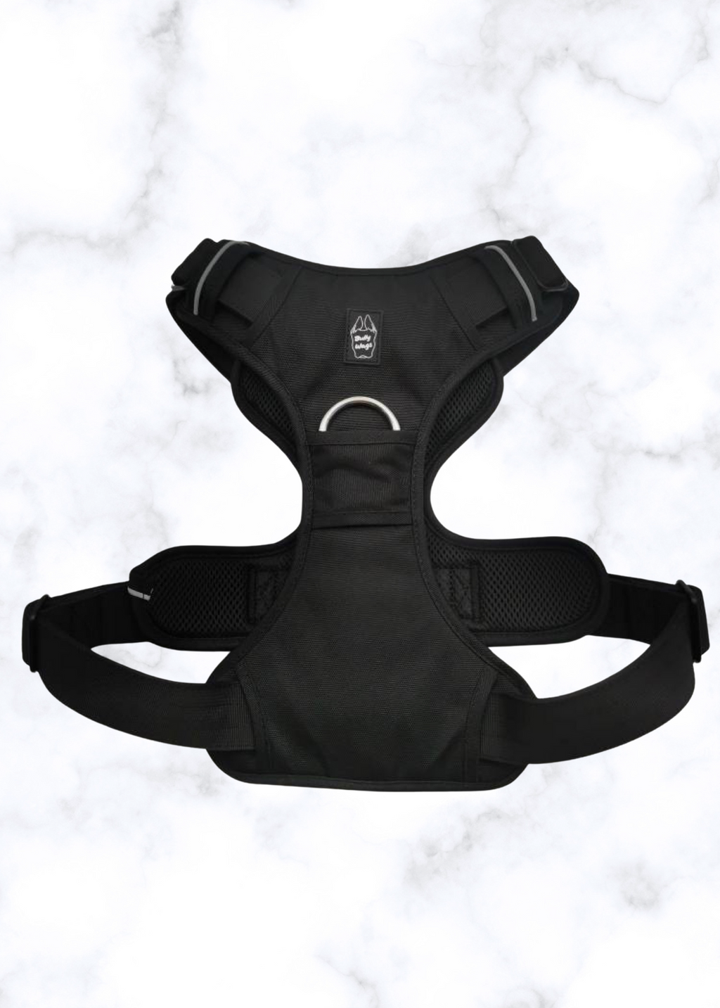 Black dog harness on a white marble background