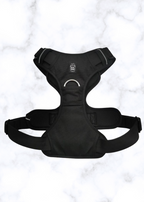 Black dog harness on a white marble background