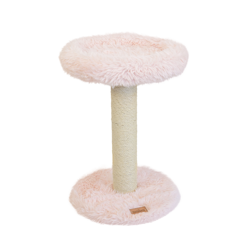 Cat tree with fluffy pink platform and sisal-covered post on a white background