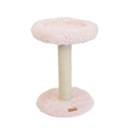 Cat tree with fluffy pink platform and sisal-covered post on a white background