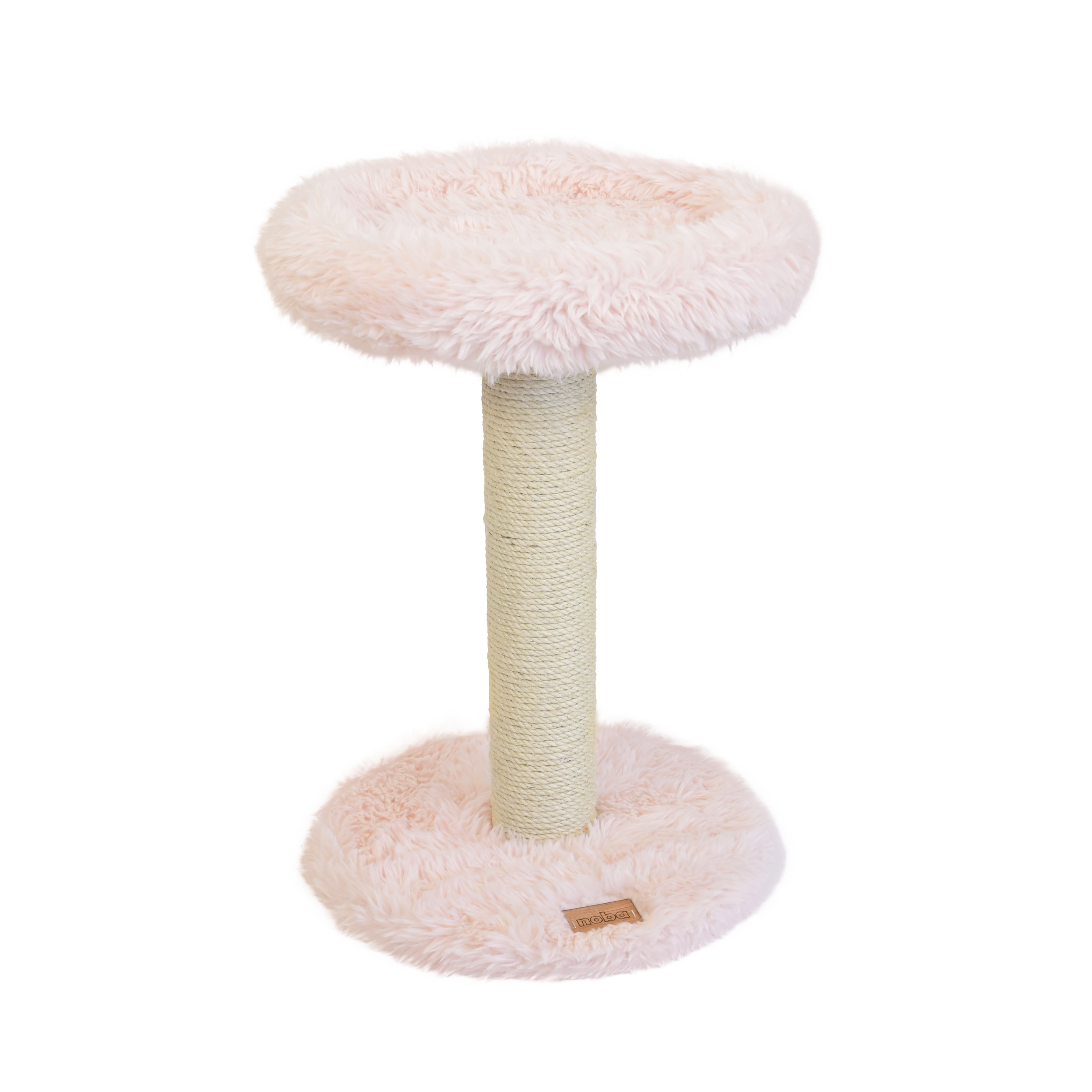Cat tree with fluffy pink platform and sisal-covered post on a white background