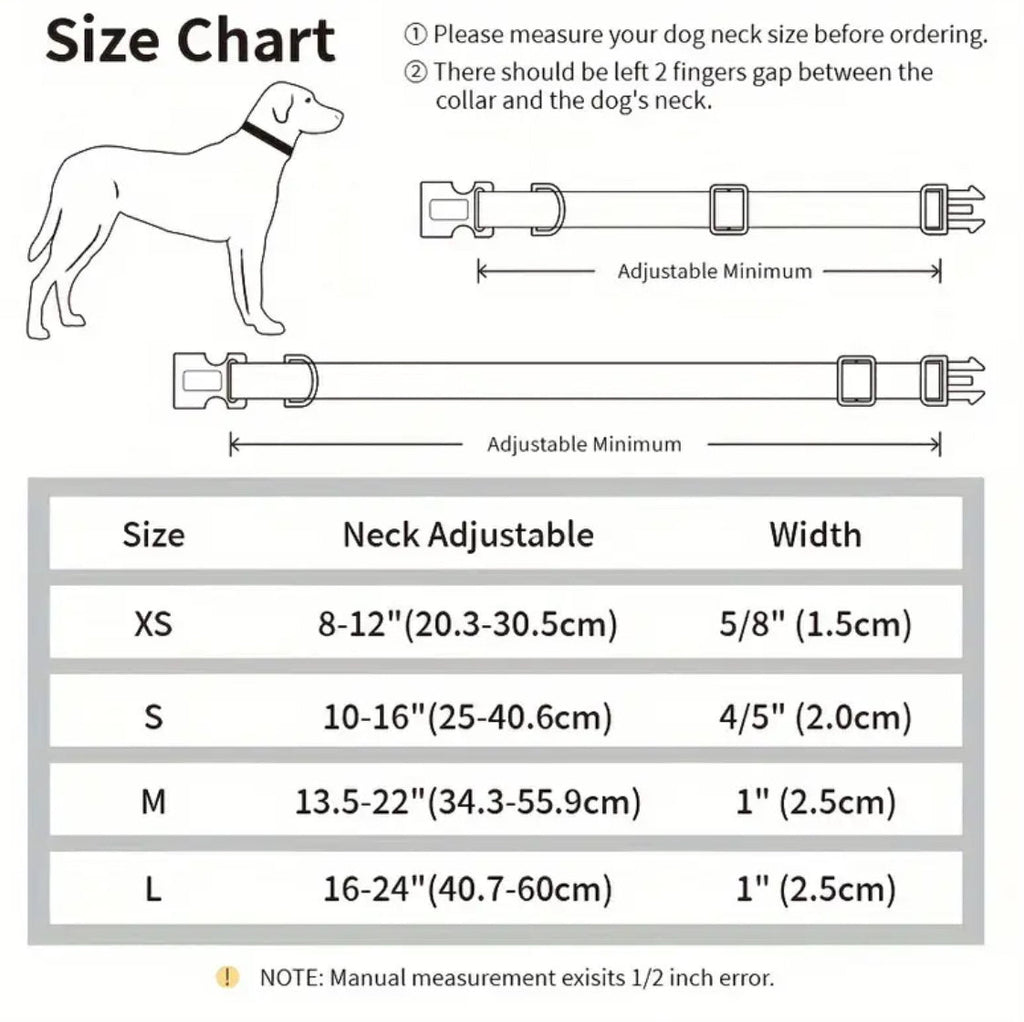 Dog collar size chart with measurements and illustrations