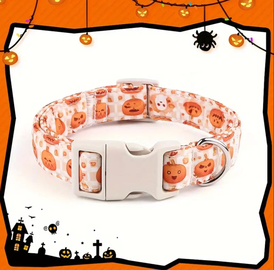 Halloween-themed dog collar with pumpkins on a white background