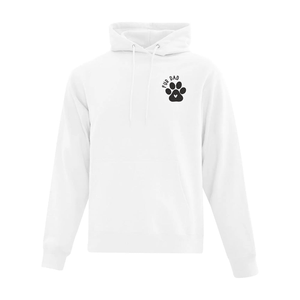 White hoodie with a black paw print design on a white background